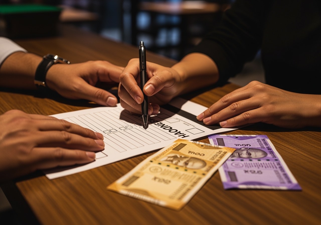 Outgoing and incoming restaurant managers reviewing shift handover form at counter