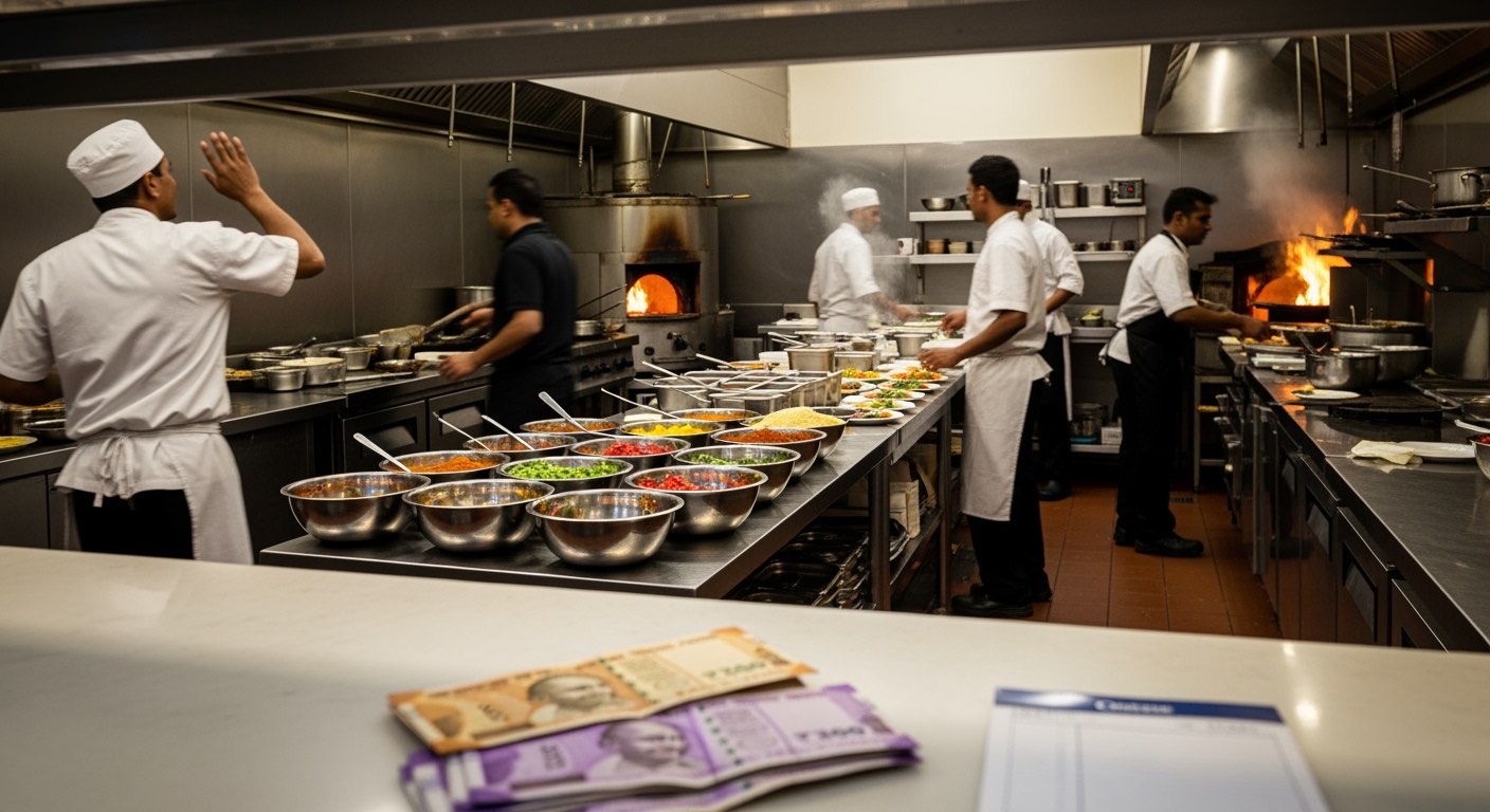 Indian restaurant kitchen during busy weekend dinner shift with full crew