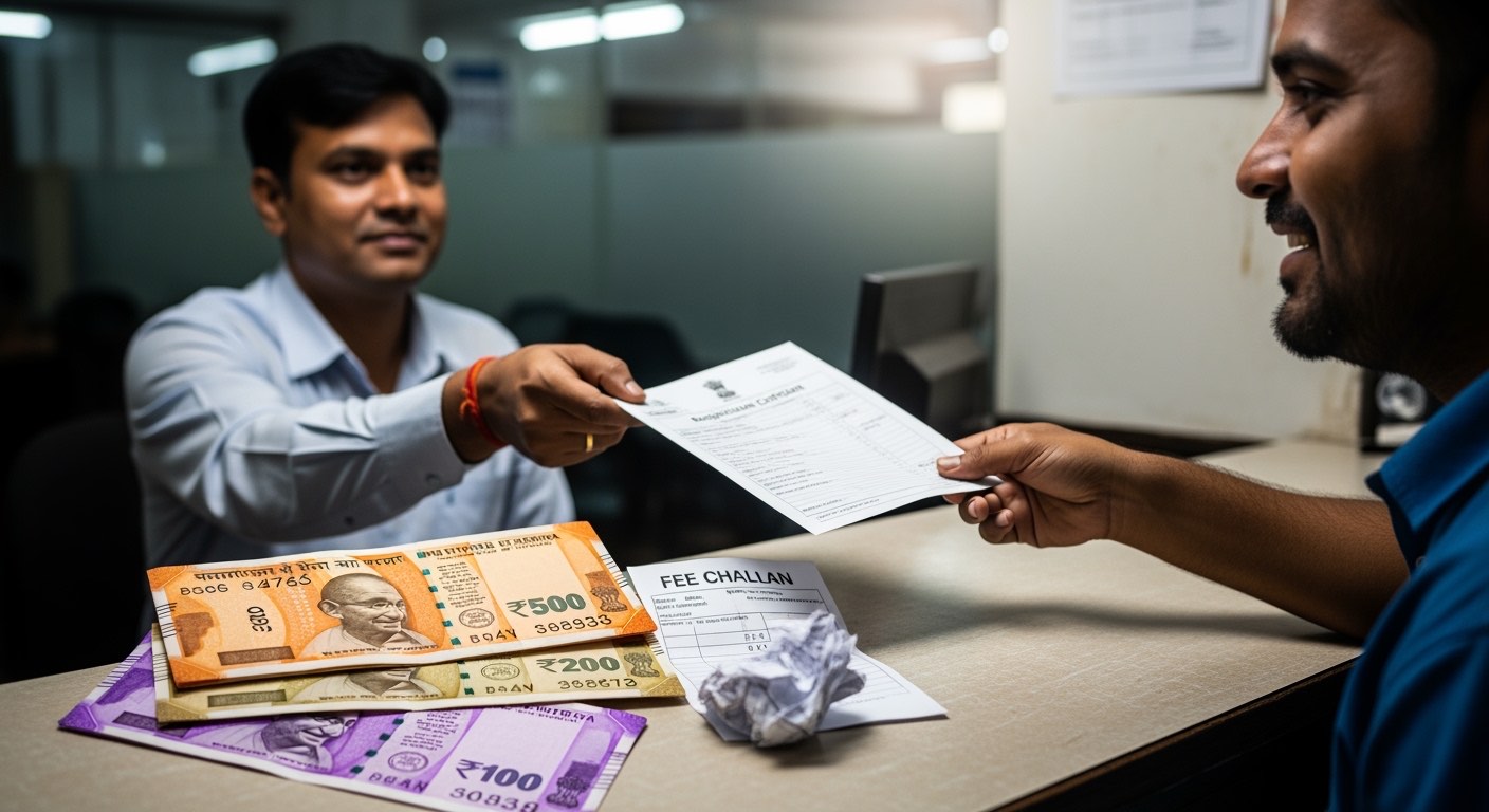 Labour office staff issuing Shops Act registration certificate at a counter