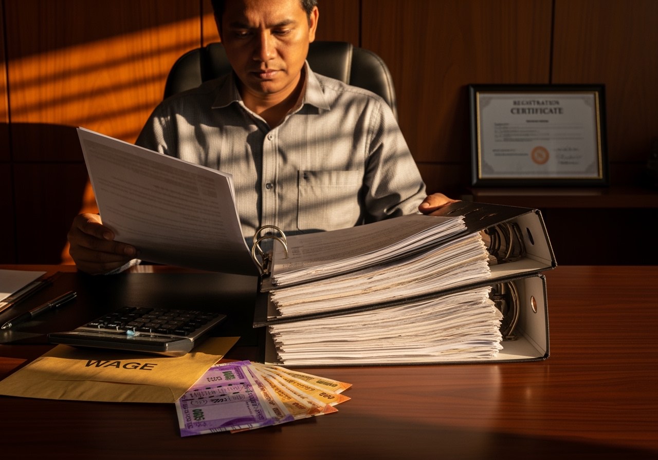 Owner reviewing labour compliance binder with Shops Act certificate framed on wall