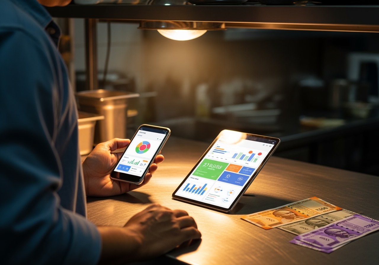 Restaurant manager at a back counter looking between a phone and a tablet, both showing generic dashboard tiles