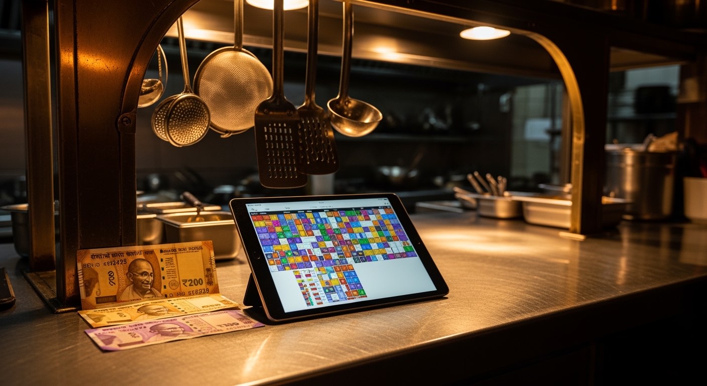Tablet on a stainless prep counter showing colored chart tiles, kitchen pass-through visible behind