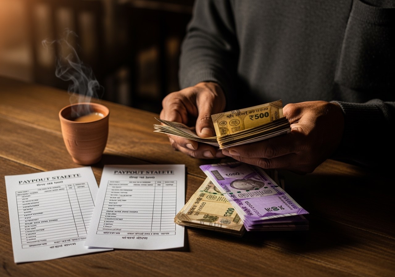 Owner closing the day, two payout-statement printouts on a counter beside a cup of chai